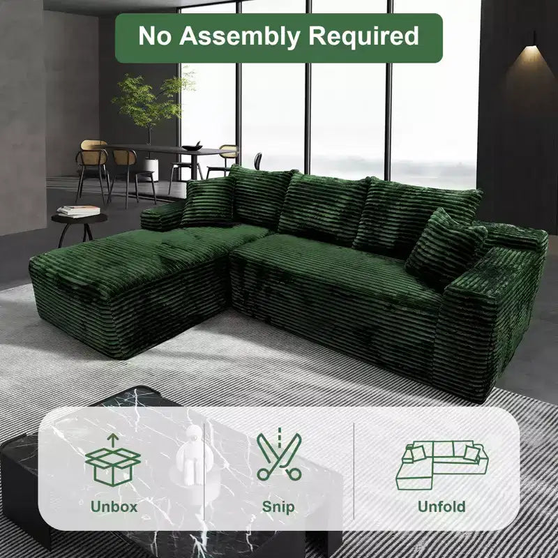 107.5" Modular Sectional Sofa, L-Shaped Boneless Couch with Deep Seat, Throw Pillow, Left Chaise for Living Room, Green