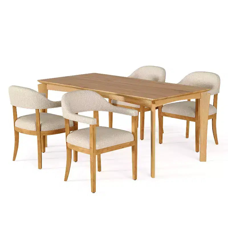 Mid-Century Modern 5-Piece Wood Dining Set with 4 Upholstered Armchairs