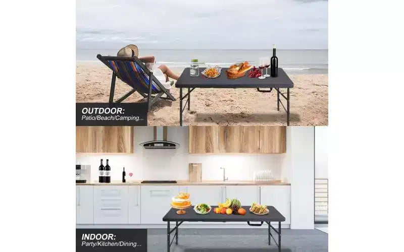 4ft Heavy Duty Folding Table with Adjustable Height, Portable Fold-in-Half Plastic and Steel Utility Table for Camping, Dining and Outdoor Use