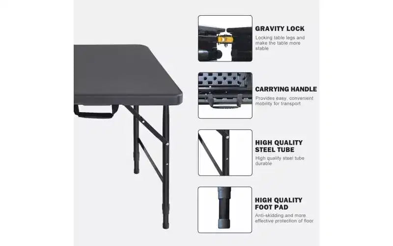 4ft Heavy Duty Folding Table with Adjustable Height, Portable Fold-in-Half Plastic and Steel Utility Table for Camping, Dining and Outdoor Use