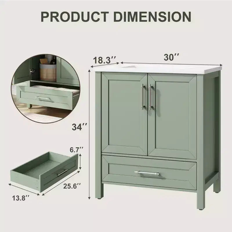 Modern Freestanding Bathroom Vanity Set with Single Ceramic Sink - Cabinet with Soft-Close Doors and Drawer