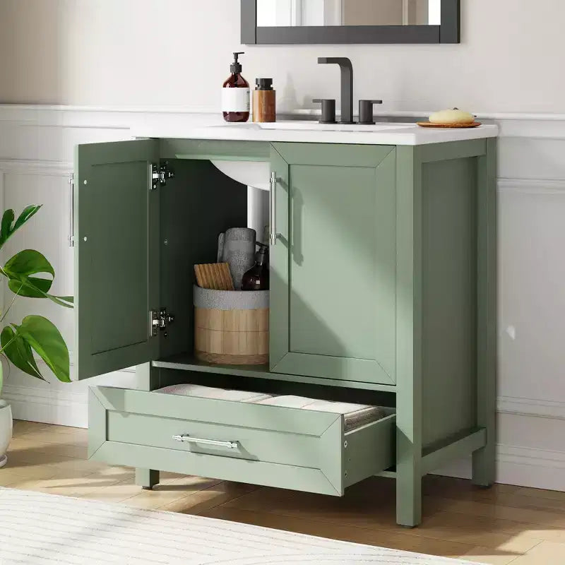 Modern Freestanding Bathroom Vanity Set with Single Ceramic Sink - Cabinet with Soft-Close Doors and Drawer