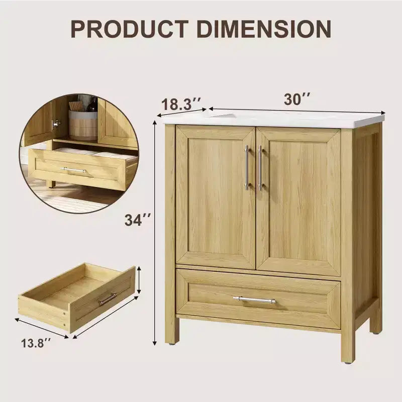 Modern Freestanding Bathroom Vanity Set with Single Ceramic Sink - Cabinet with Soft-Close Doors and Drawer
