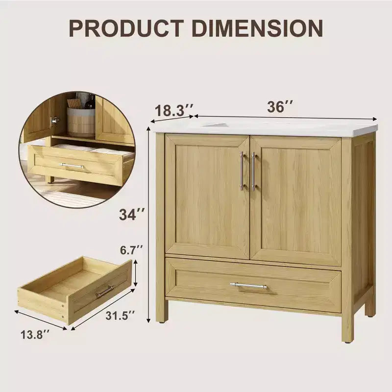 Modern Freestanding Bathroom Vanity Set with Single Ceramic Sink - Cabinet with Soft-Close Doors and Drawer