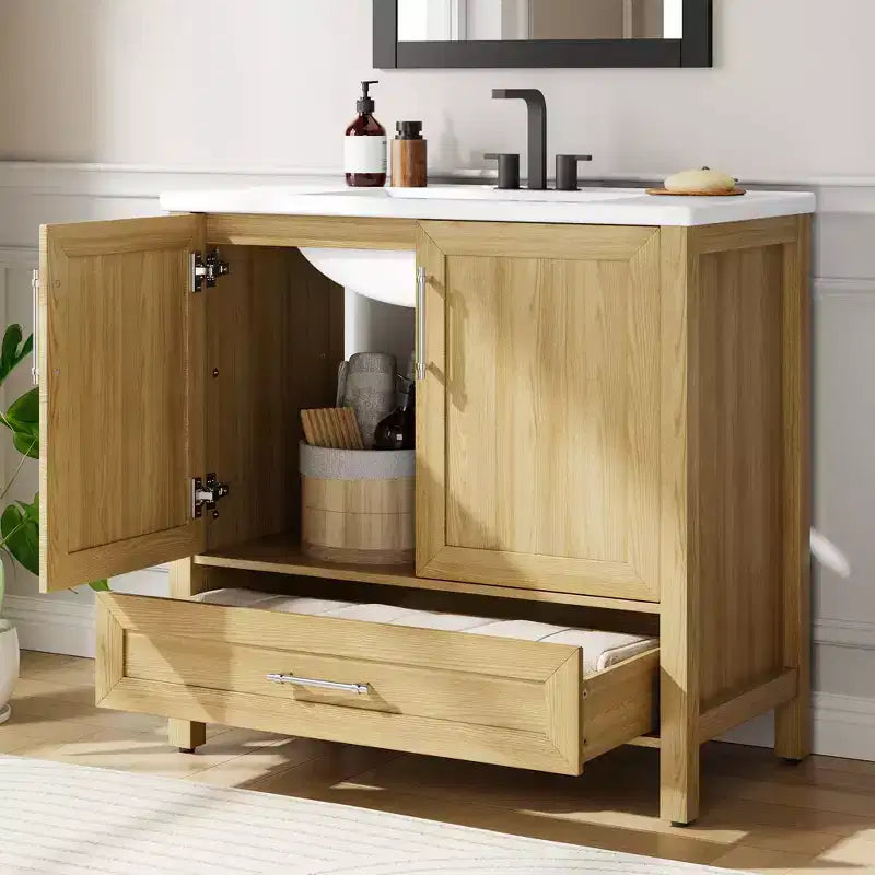 Modern Freestanding Bathroom Vanity Set with Single Ceramic Sink - Cabinet with Soft-Close Doors and Drawer