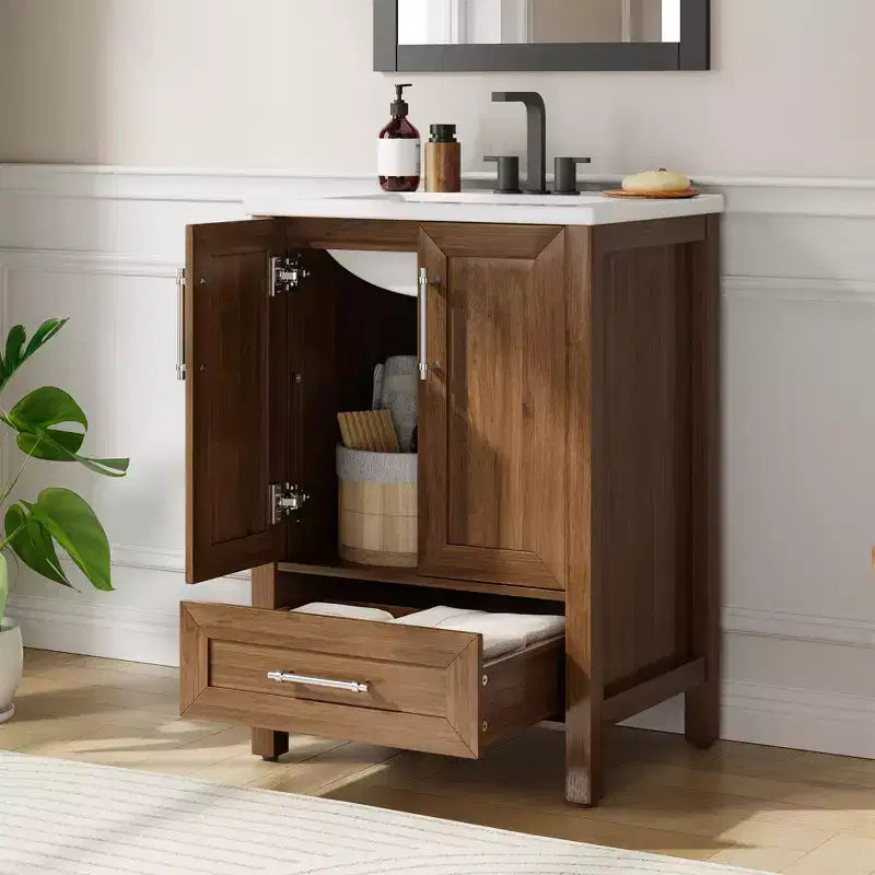 Modern Freestanding Bathroom Vanity Set with Single Ceramic Sink - Cabinet with Soft-Close Doors and Drawer