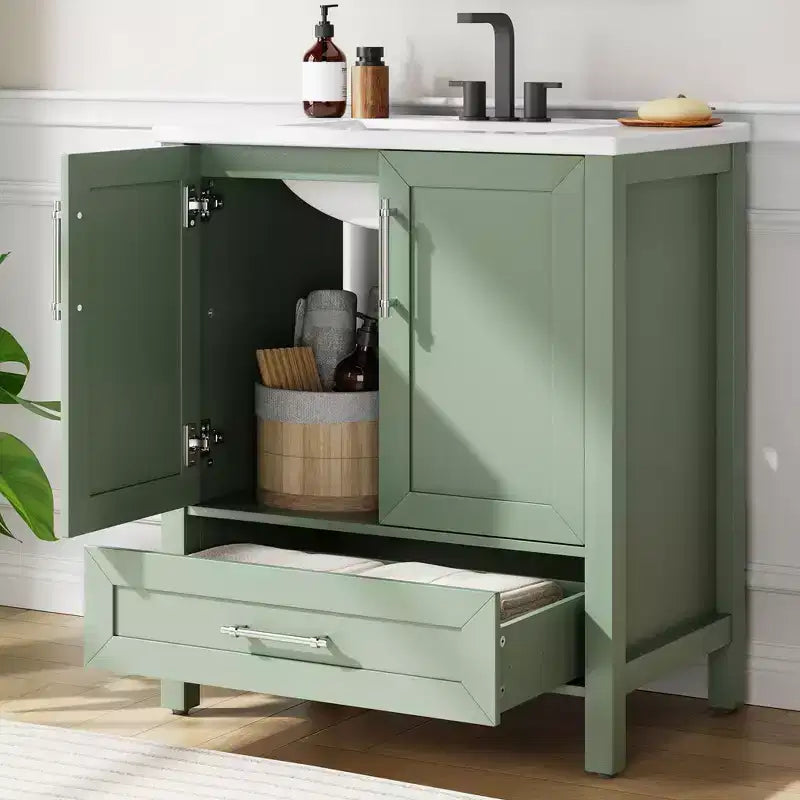 Modern Freestanding Bathroom Vanity Set with Single Ceramic Sink - Cabinet with Soft-Close Doors and Drawer