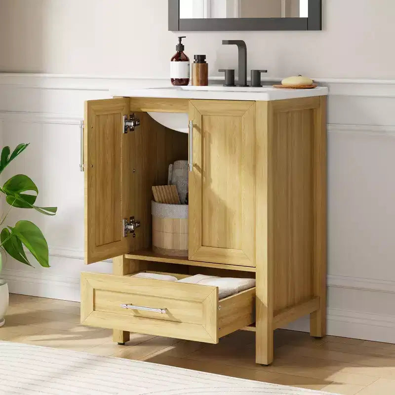 Modern Freestanding Bathroom Vanity Set with Single Ceramic Sink - Cabinet with Soft-Close Doors and Drawer