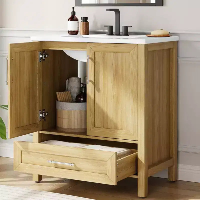 Modern Freestanding Bathroom Vanity Set with Single Ceramic Sink - Cabinet with Soft-Close Doors and Drawer