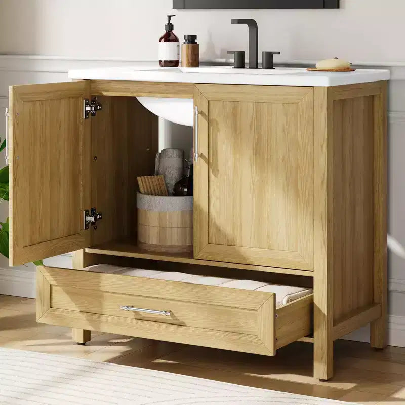 Modern Freestanding Bathroom Vanity Set with Single Ceramic Sink - Cabinet with Soft-Close Doors and Drawer