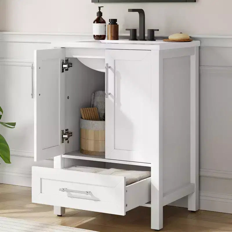 Modern Freestanding Bathroom Vanity Set with Single Ceramic Sink - Cabinet with Soft-Close Doors and Drawer