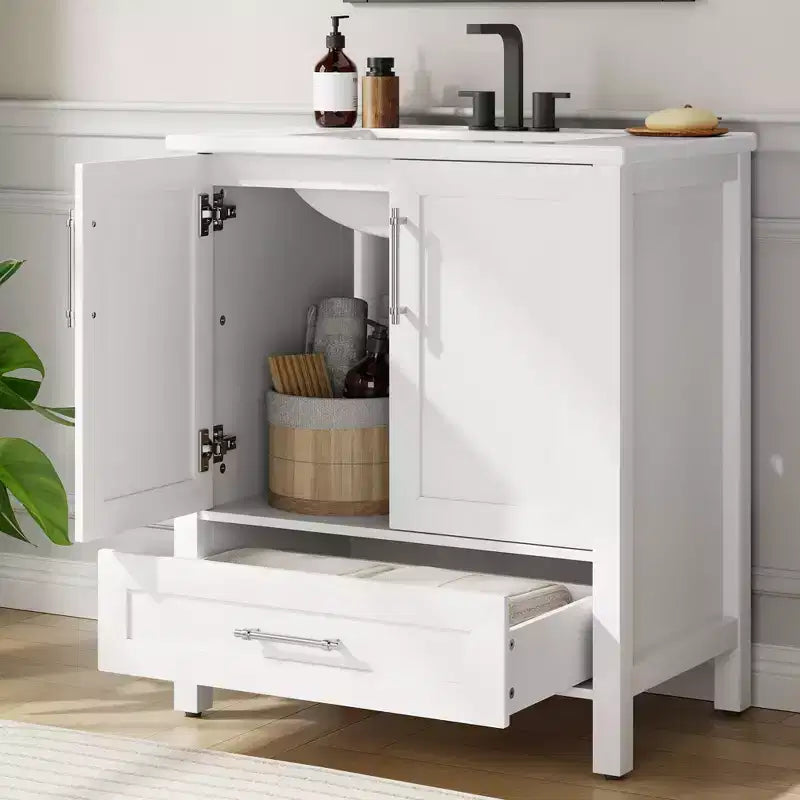 Modern Freestanding Bathroom Vanity Set with Single Ceramic Sink - Cabinet with Soft-Close Doors and Drawer
