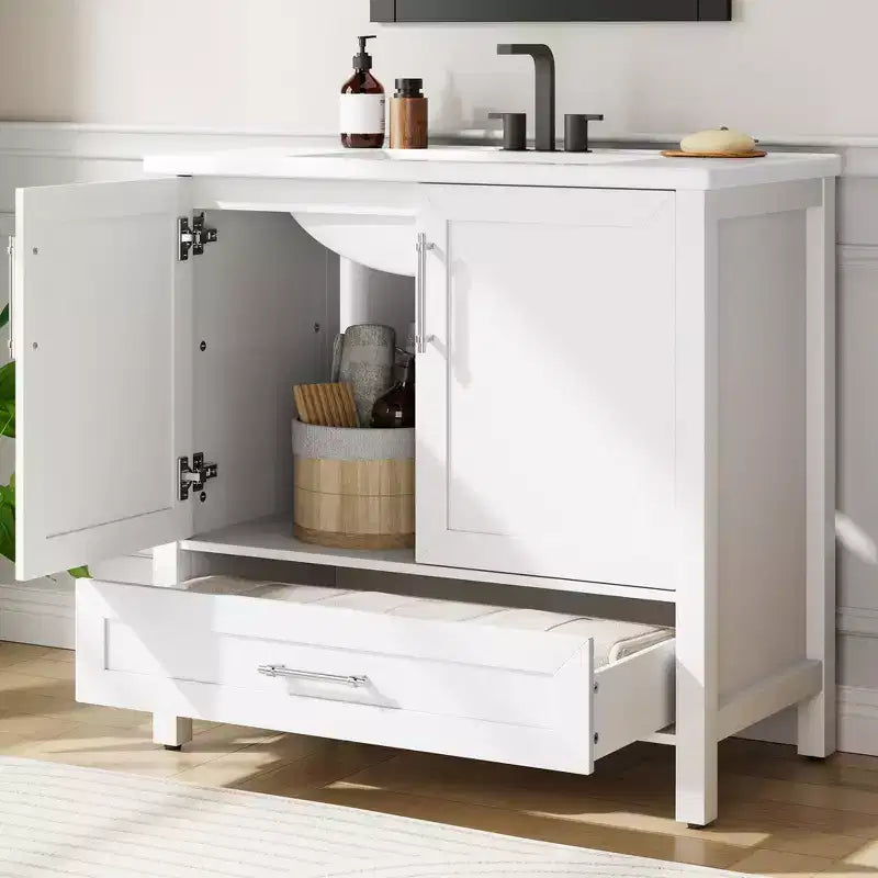Modern Freestanding Bathroom Vanity Set with Single Ceramic Sink - Cabinet with Soft-Close Doors and Drawer