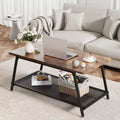 2-Tier Rectangular Wood Coffee Table with Storage Shelf and Rounded Corners, Brown Center Table for Living Room