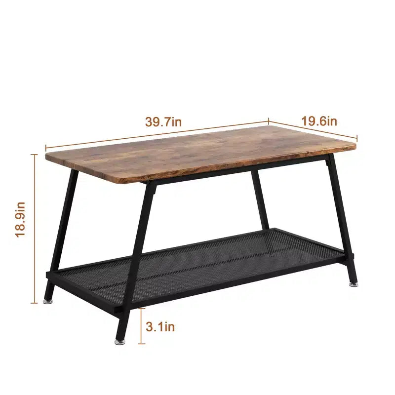 2-Tier Rectangular Wood Coffee Table with Storage Shelf and Rounded Corners, Brown Center Table for Living Room