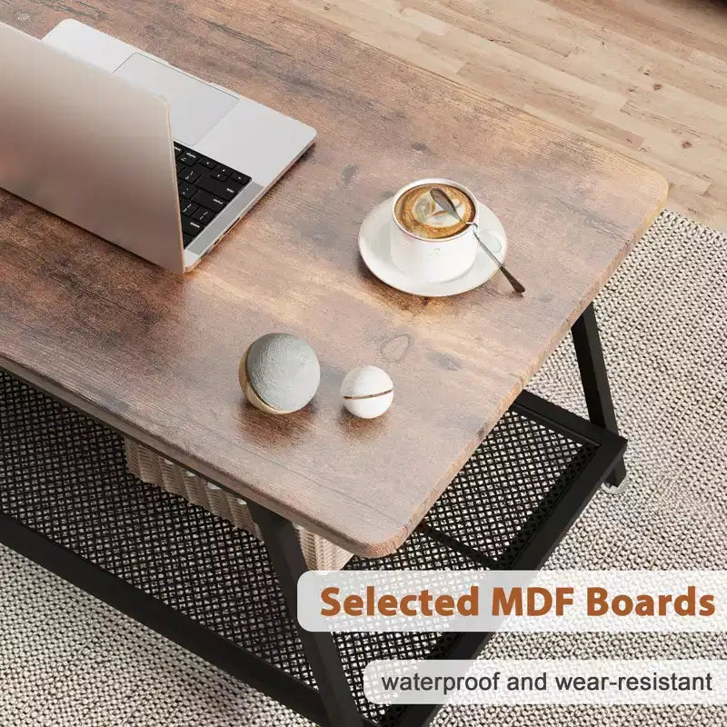 2-Tier Rectangular Wood Coffee Table with Storage Shelf and Rounded Corners, Brown Center Table for Living Room