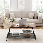 2-Tier Rectangular Wood Coffee Table with Storage Shelf and Rounded Corners, Brown Center Table for Living Room