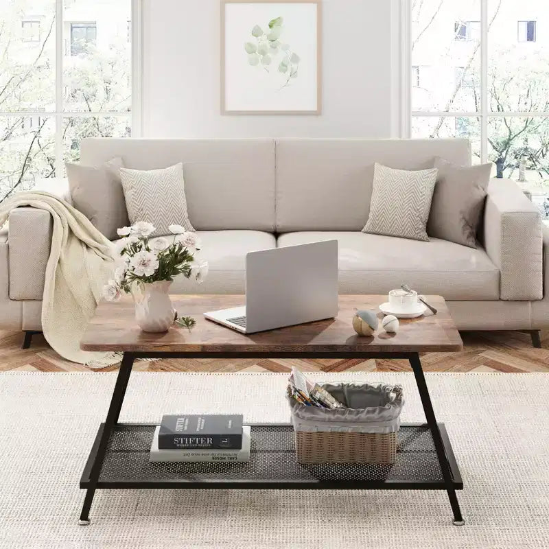 2-Tier Rectangular Wood Coffee Table with Storage Shelf and Rounded Corners, Brown Center Table for Living Room