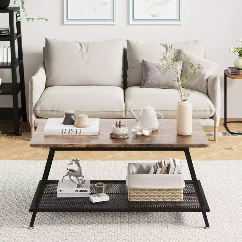2-Tier Rectangular Wood Coffee Table with Storage Shelf and Rounded Corners, Brown Center Table for Living Room