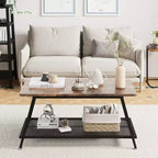 2-Tier Rectangular Wood Coffee Table with Storage Shelf and Rounded Corners, Brown Center Table for Living Room