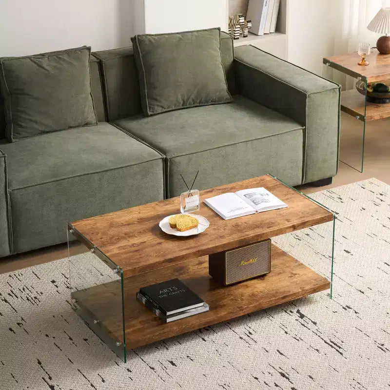 Modern Wood and Tempered Glass Coffee Table with Open Shelf