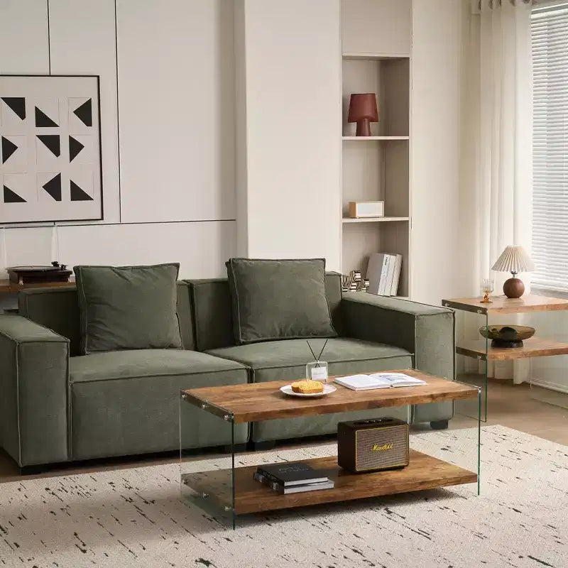 Modern Wood and Tempered Glass Coffee Table with Open Shelf