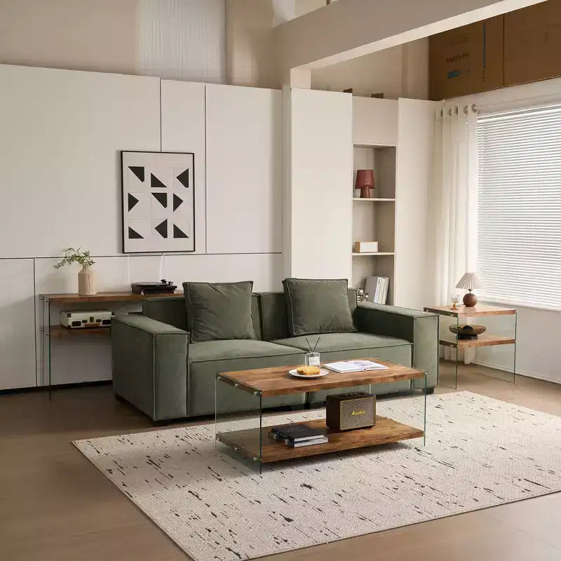 Modern Wood and Tempered Glass Coffee Table with Open Shelf