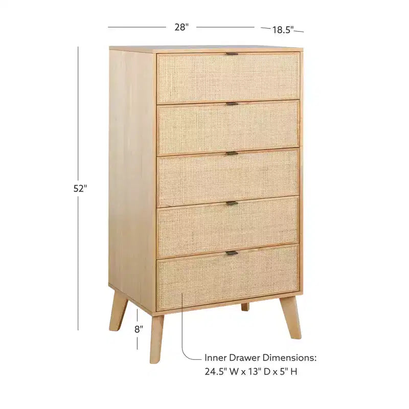 Boho Wood Rattan 5 Drawer Chest Dresser Natural