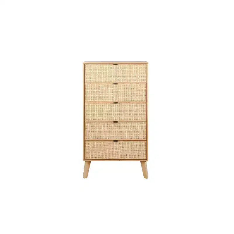 Boho Wood Rattan 5 Drawer Chest Dresser Natural