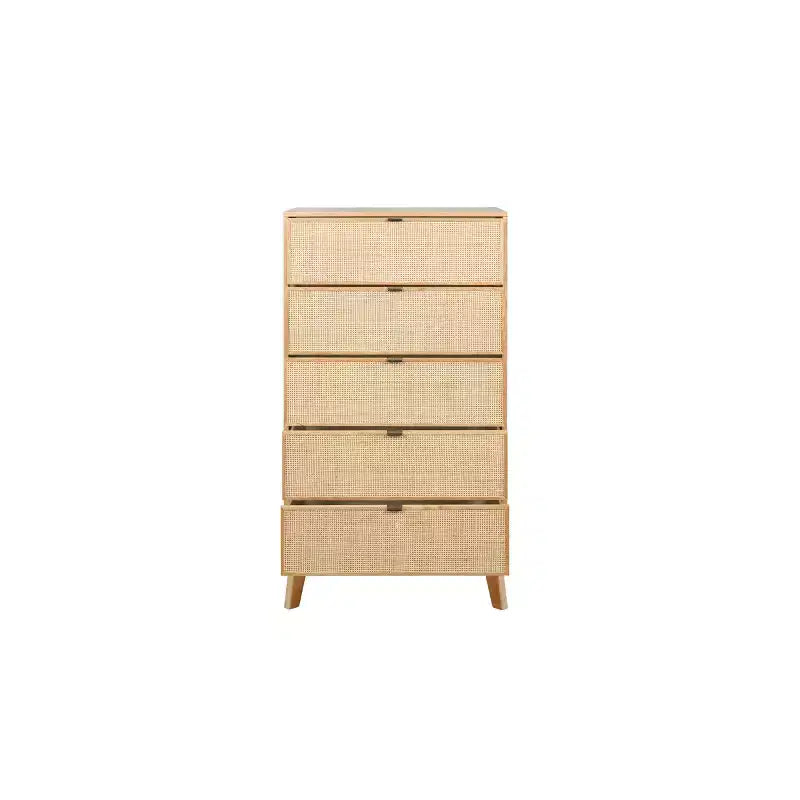 Boho Wood Rattan 5 Drawer Chest Dresser Natural