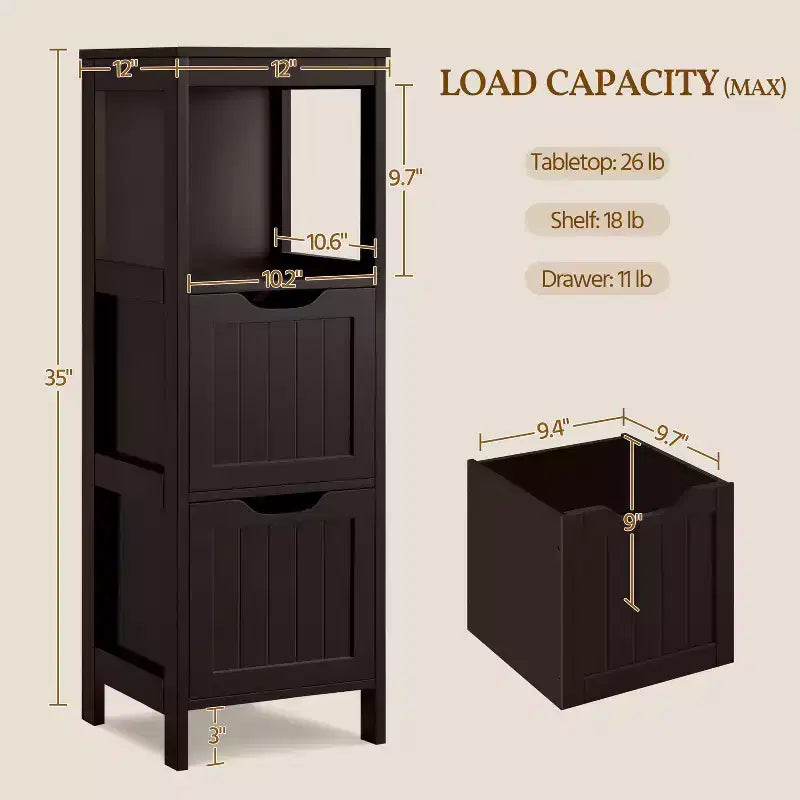 Wooden Bathroom Floor Cabinet Freestanding Side Storage Organizer with 2 Drawers