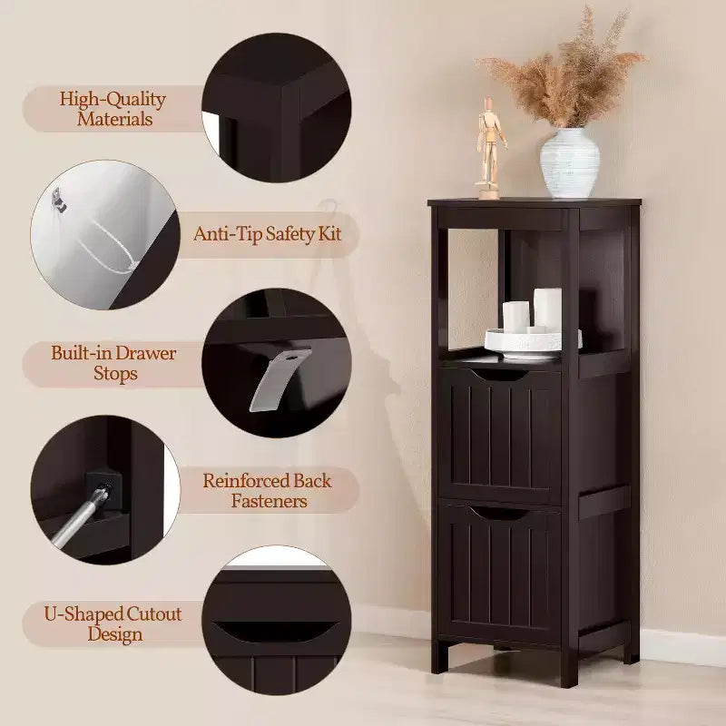 Wooden Bathroom Floor Cabinet Freestanding Side Storage Organizer with 2 Drawers
