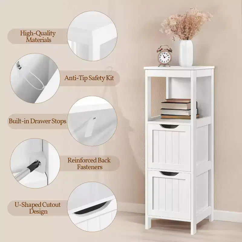 Wooden Bathroom Floor Cabinet Freestanding Side Storage Organizer with 2 Drawers