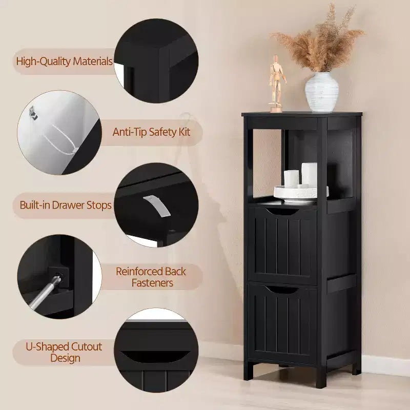 Wooden Bathroom Floor Cabinet Freestanding Side Storage Organizer with 2 Drawers
