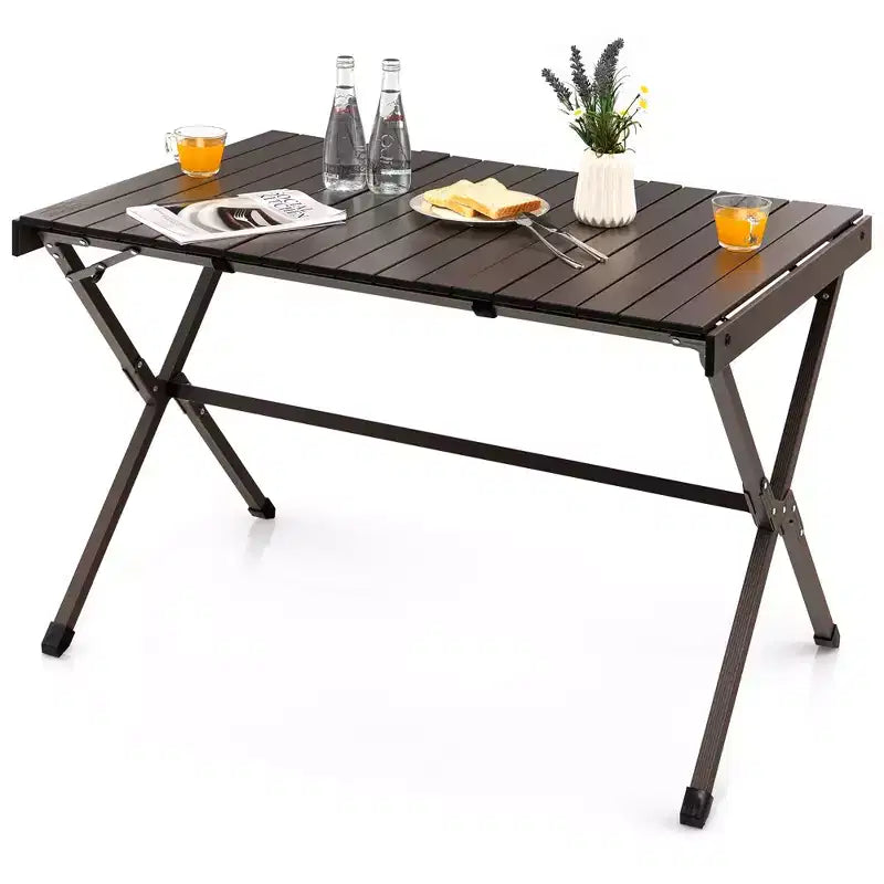 4-6 Person Portable Aluminum Camping Table Lightweight Roll Up Table Grey/Brown