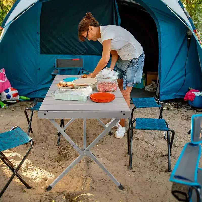 4-6 Person Portable Aluminum Camping Table Lightweight Roll Up Table Grey/Brown
