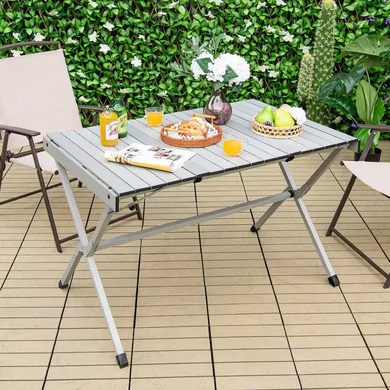 4-6 Person Portable Aluminum Camping Table Lightweight Roll Up Table Grey/Brown