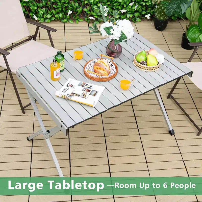 4-6 Person Portable Aluminum Camping Table Lightweight Roll Up Table Grey/Brown