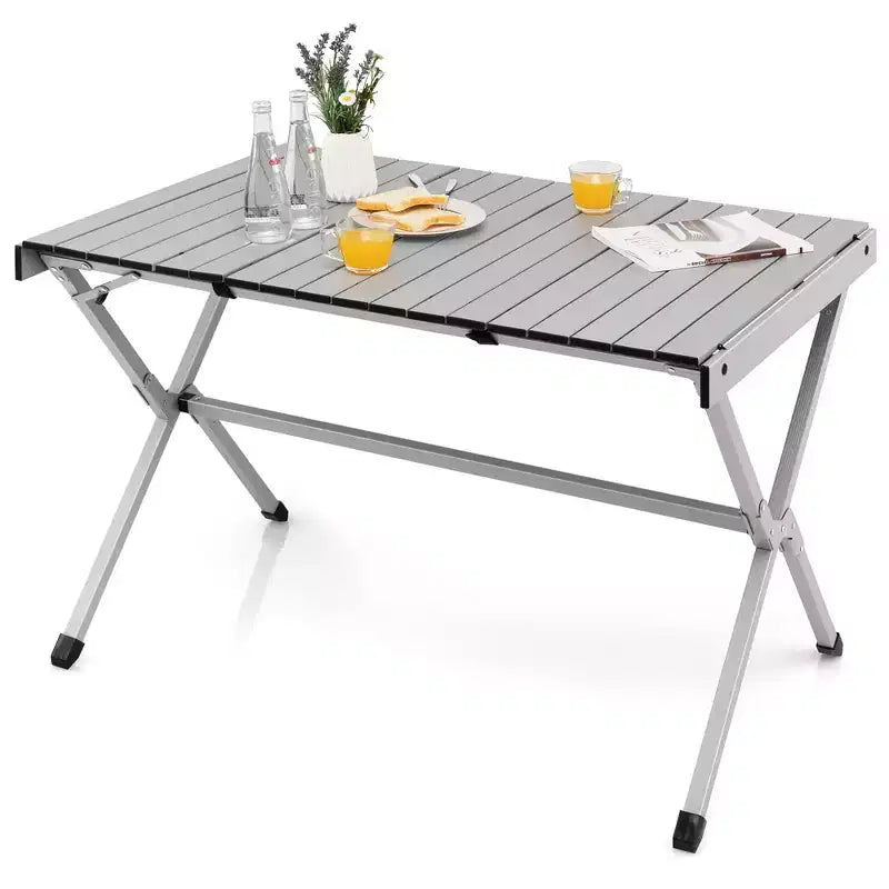 4-6 Person Portable Aluminum Camping Table Lightweight Roll Up Table Grey/Brown