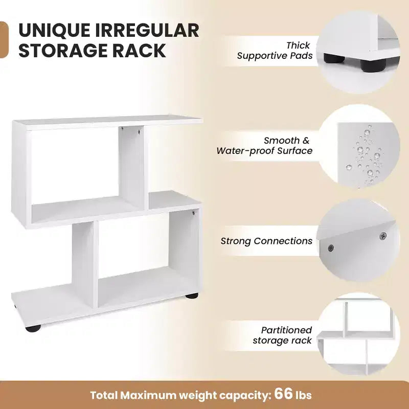2 PCS 2-Tier Bookshelf S Shaped Bookcase Storage Rack Display Shelf w/ Foot Mats