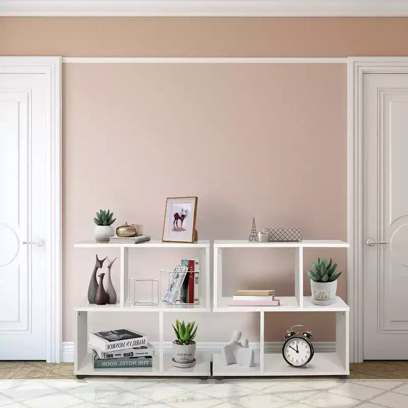 2 PCS 2-Tier Bookshelf S Shaped Bookcase Storage Rack Display Shelf w/ Foot Mats