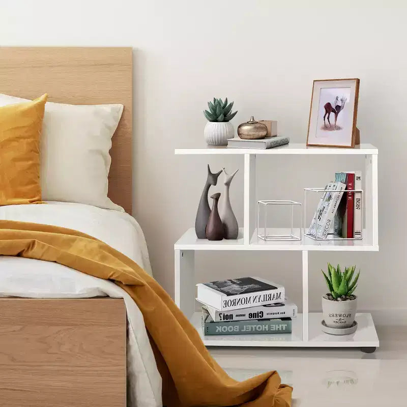2 PCS 2-Tier Bookshelf S Shaped Bookcase Storage Rack Display Shelf w/ Foot Mats