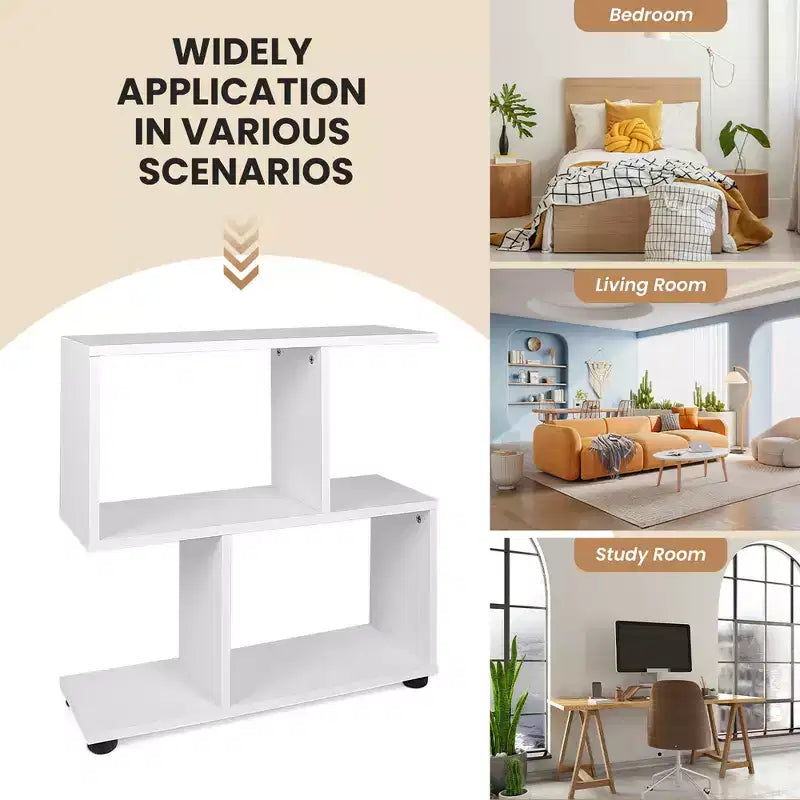 2 PCS 2-Tier Bookshelf S Shaped Bookcase Storage Rack Display Shelf w/ Foot Mats