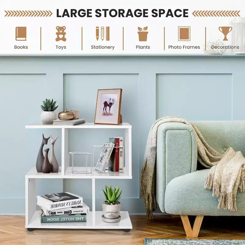 2 PCS 2-Tier Bookshelf S Shaped Bookcase Storage Rack Display Shelf w/ Foot Mats