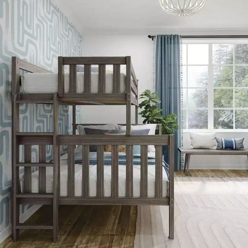 Solid Wood Bunk Bed, Twin over Full with Ladder on End for Kids