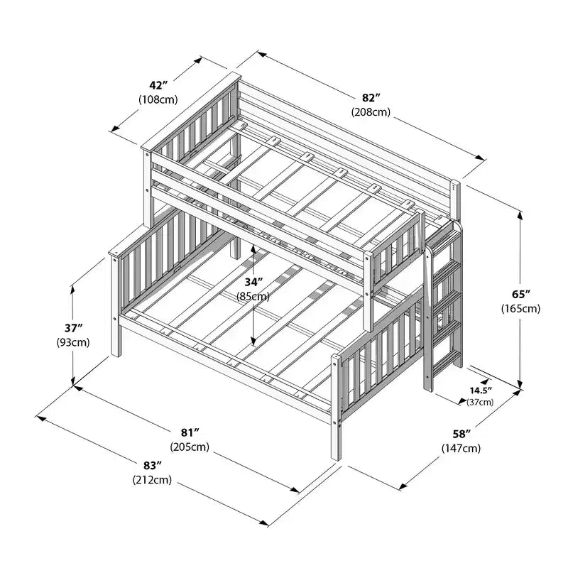Solid Wood Bunk Bed, Twin over Full with Ladder on End for Kids